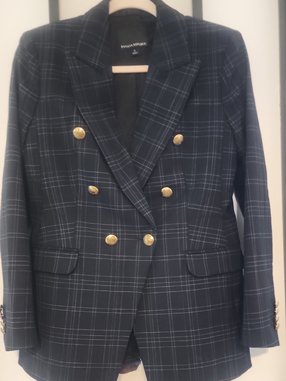 Banana Republic Navy Plaid Double-Breasted Blazer with Gold Buttons
